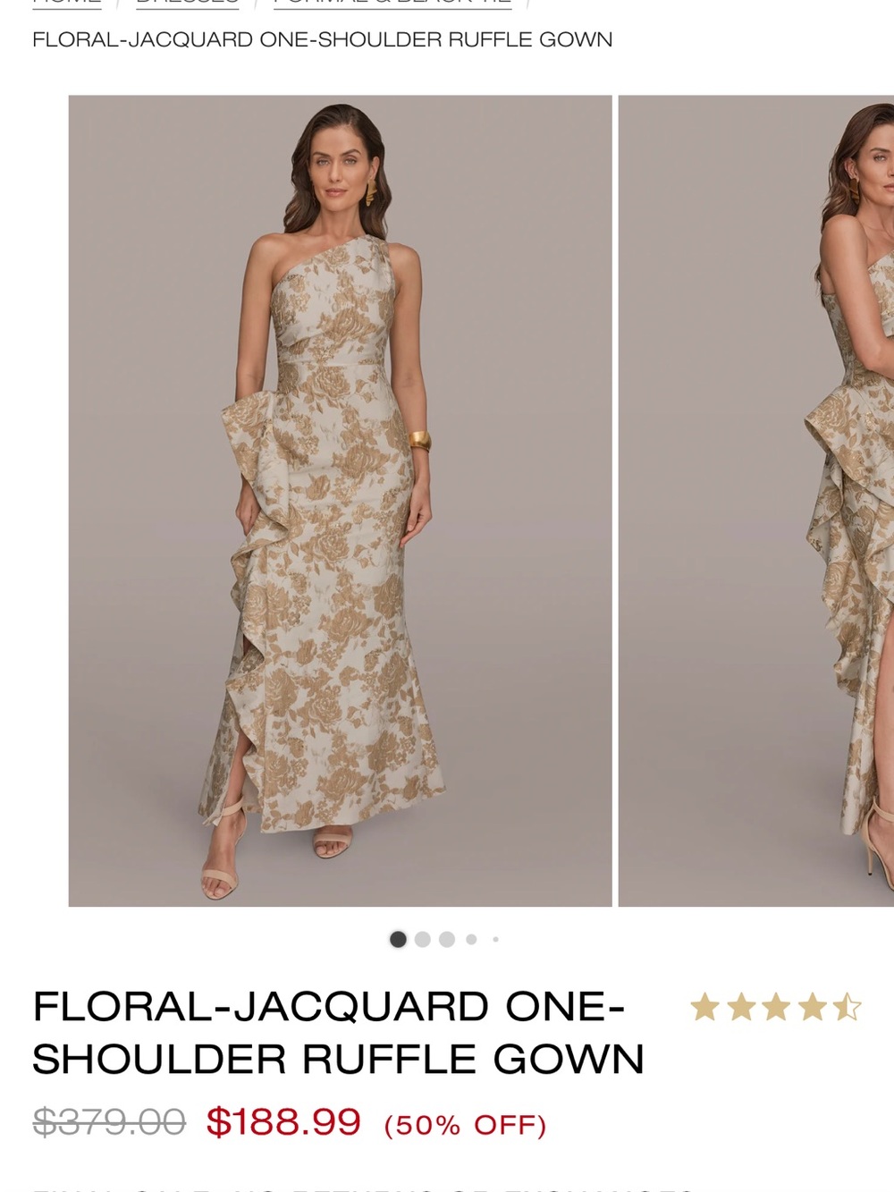 Donna Karan Cream and Gold One-Shoulder Ruffle Gown